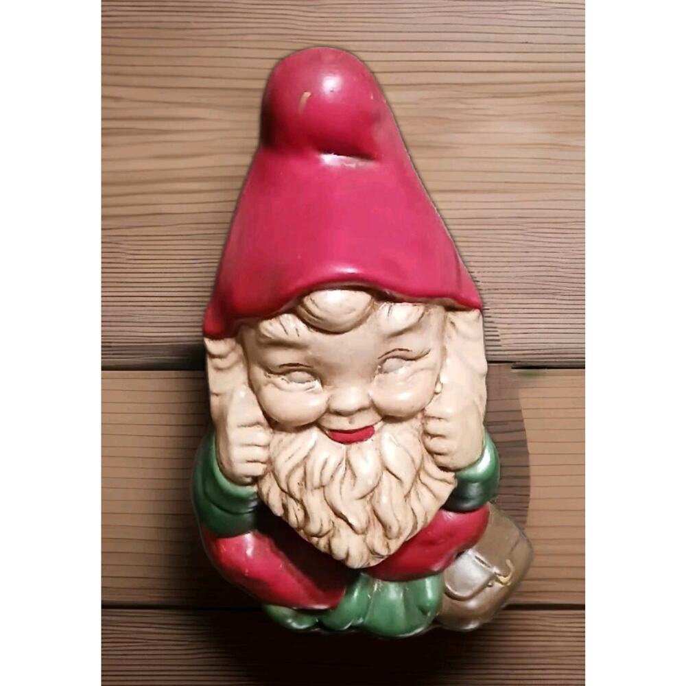 Vintage Hand Painted Sitting Garden Gnome 9" Tall